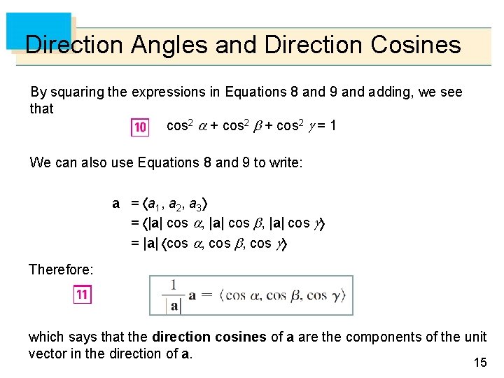 Direction Angles and Direction Cosines By squaring the expressions in Equations 8 and 9