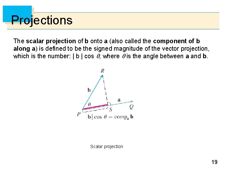 Projections The scalar projection of b onto a (also called the component of b