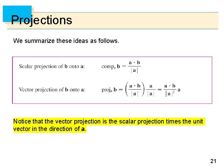 Projections We summarize these ideas as follows. Notice that the vector projection is the