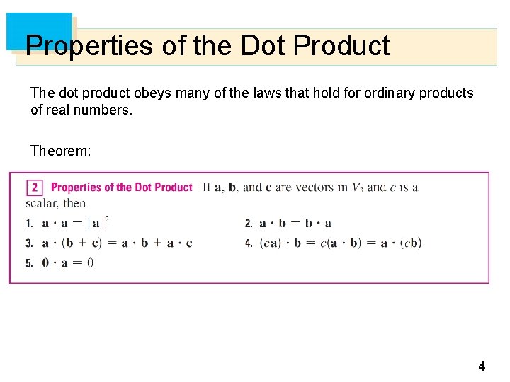 Properties of the Dot Product The dot product obeys many of the laws that