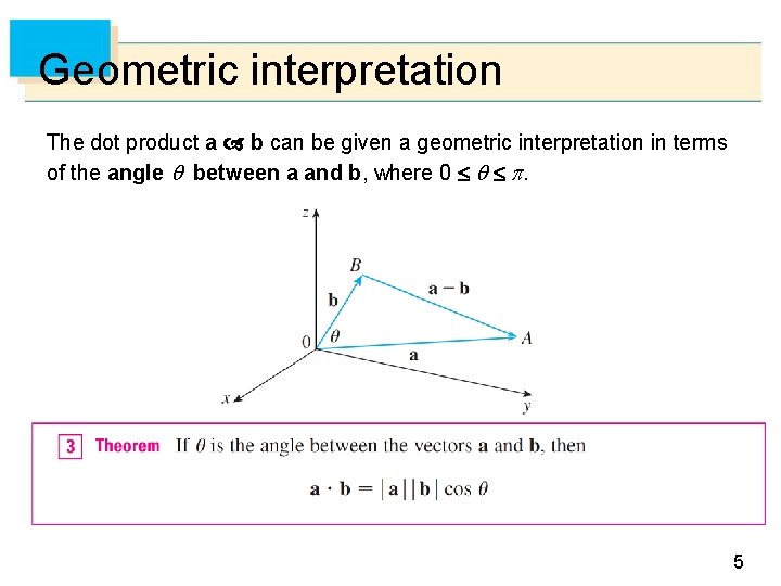 Geometric interpretation The dot product a b can be given a geometric interpretation in