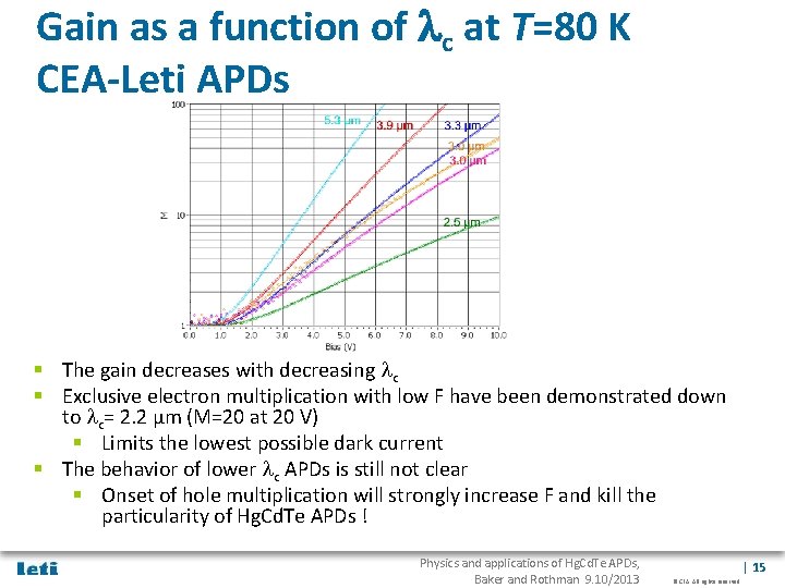 Gain as a function of lc at T=80 K CEA-Leti APDs § The gain