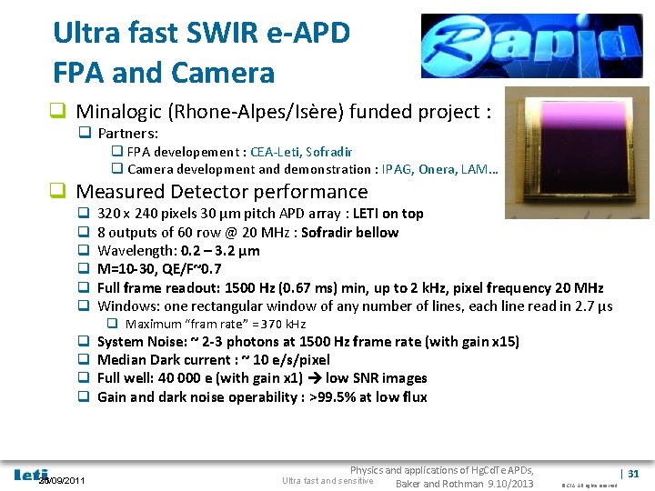 Ultra fast SWIR e-APD FPA and Camera q Minalogic (Rhone-Alpes/Isère) funded project : q