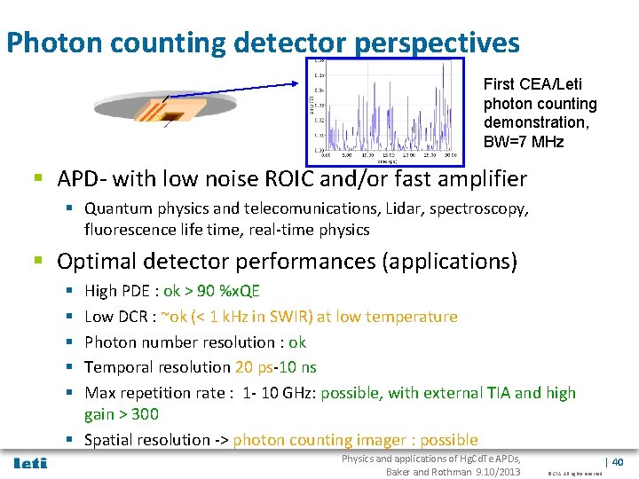 Photon counting detector perspectives First CEA/Leti photon counting demonstration, BW=7 MHz § APD- with