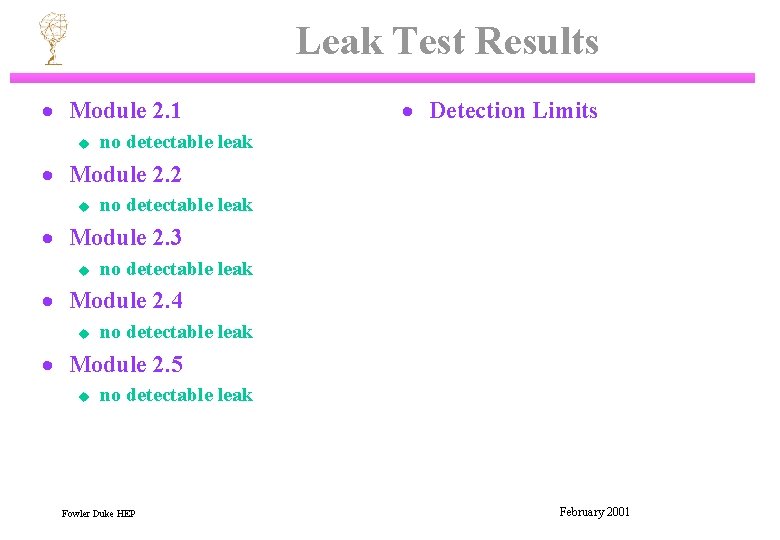Leak Test Results · Module 2. 1 u · Detection Limits no detectable leak