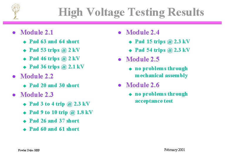 High Voltage Testing Results · Module 2. 1 u u Pad 63 and 64