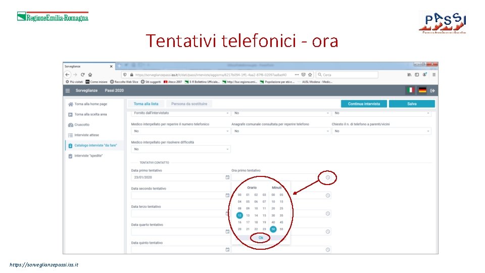 Tentativi telefonici - ora https: //sorveglianzepassi. iss. it 