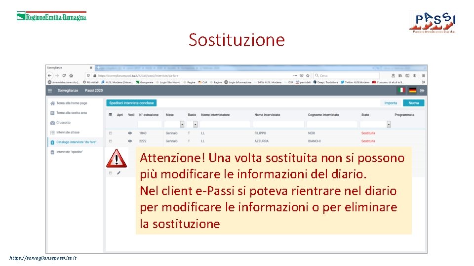 Sostituzione Attenzione! Una volta sostituita non si possono più modificare le informazioni del diario.