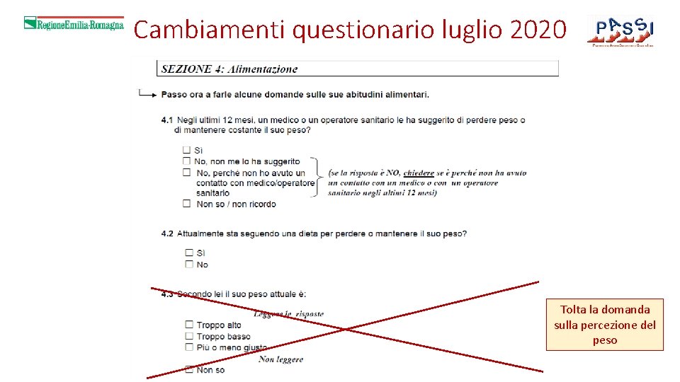 Cambiamenti questionario luglio 2020 Tolta la domanda sulla percezione del peso 