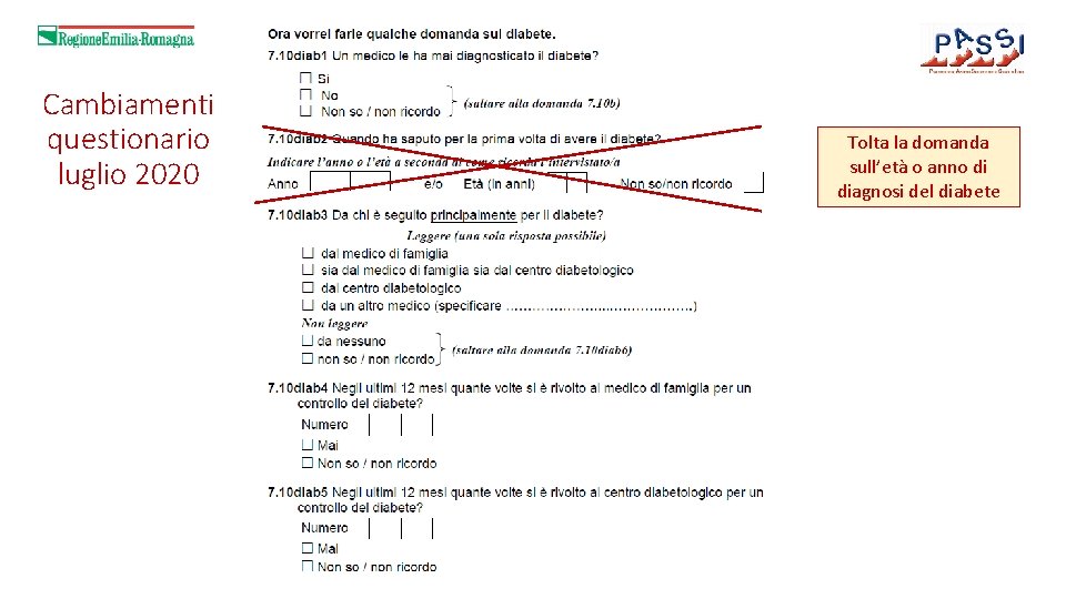 Cambiamenti questionario luglio 2020 Tolta la domanda sull’età o anno di diagnosi del diabete