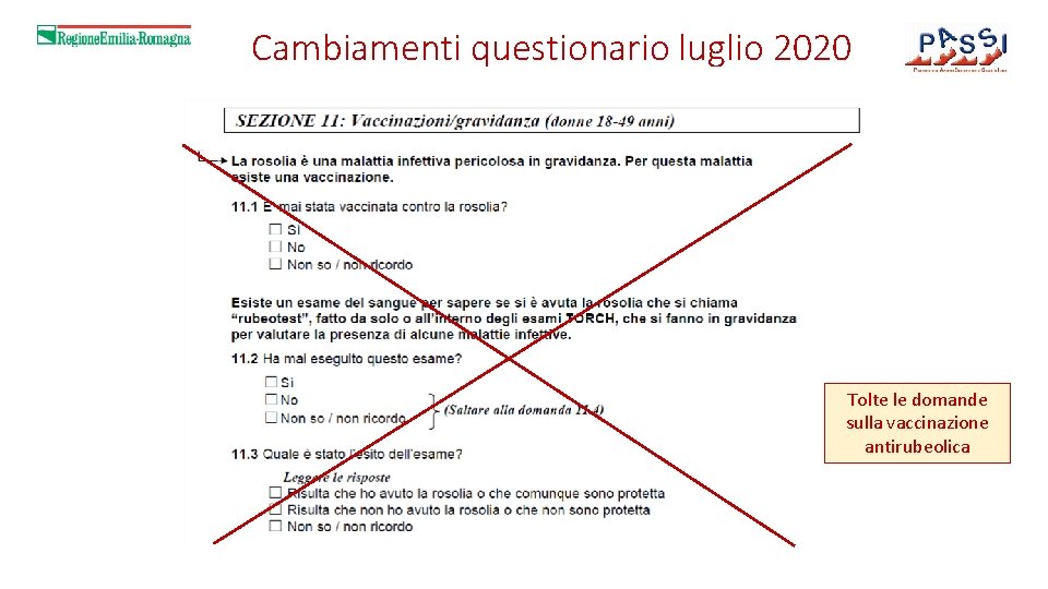 Cambiamenti questionario luglio 2020 Tolte le domande sulla vaccinazione antirubeolica 