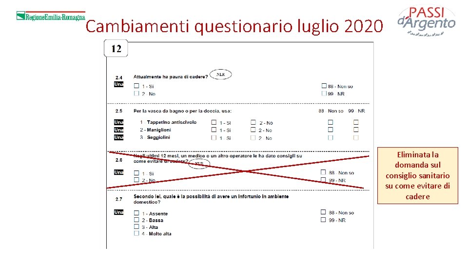 Cambiamenti questionario luglio 2020 Eliminata la domanda sul consiglio sanitario su come evitare di