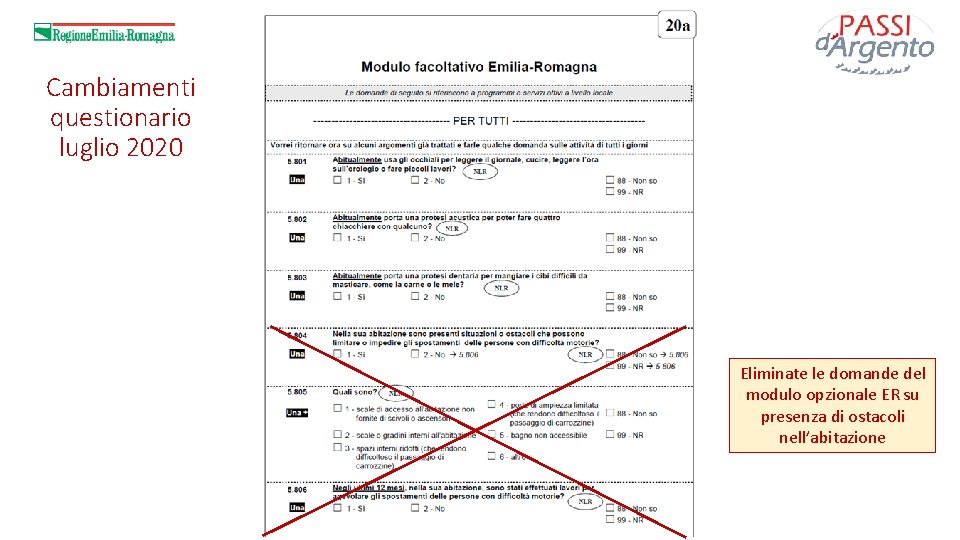 Cambiamenti questionario luglio 2020 Eliminate le domande del modulo opzionale ER su presenza di