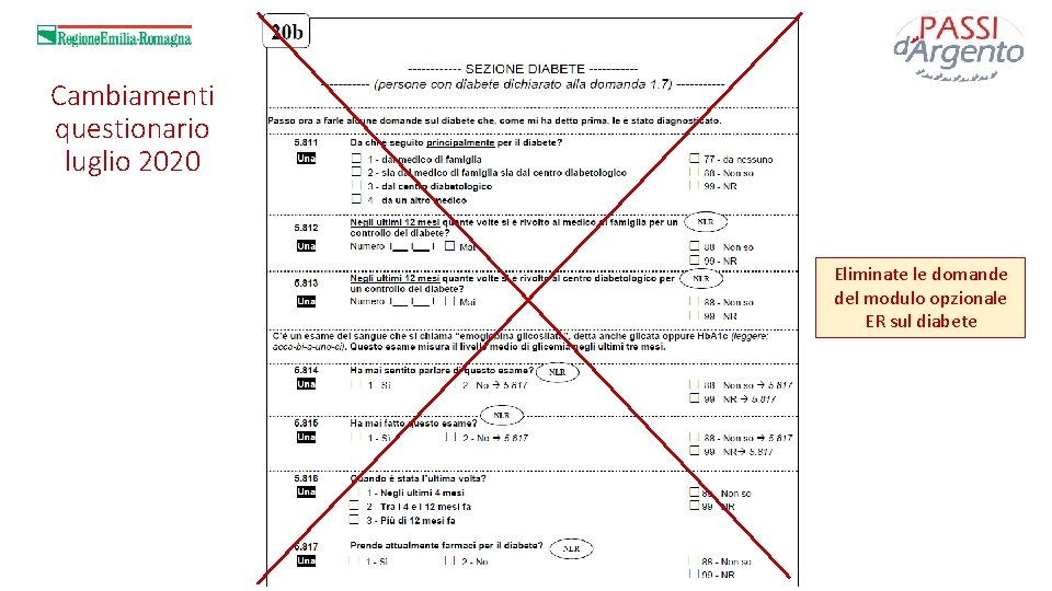 Cambiamenti questionario luglio 2020 Eliminate le domande del modulo opzionale ER sul diabete 