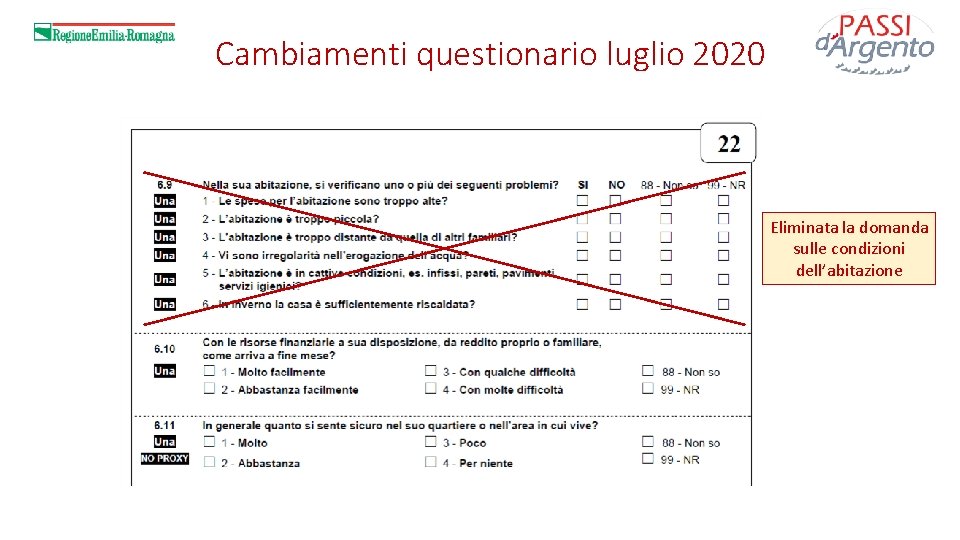 Cambiamenti questionario luglio 2020 Eliminata la domanda sulle condizioni dell’abitazione 