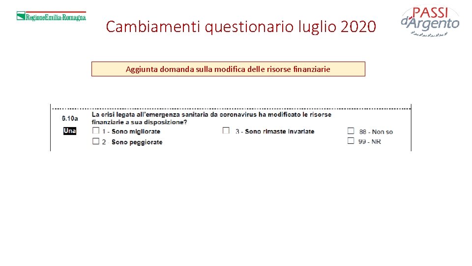 Cambiamenti questionario luglio 2020 Aggiunta domanda sulla modifica delle risorse finanziarie 