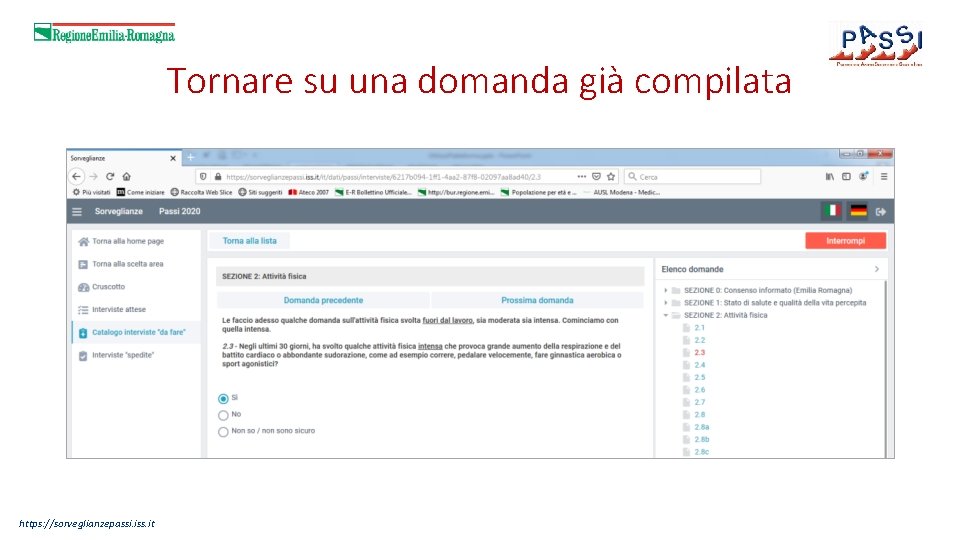 Tornare su una domanda già compilata https: //sorveglianzepassi. iss. it 