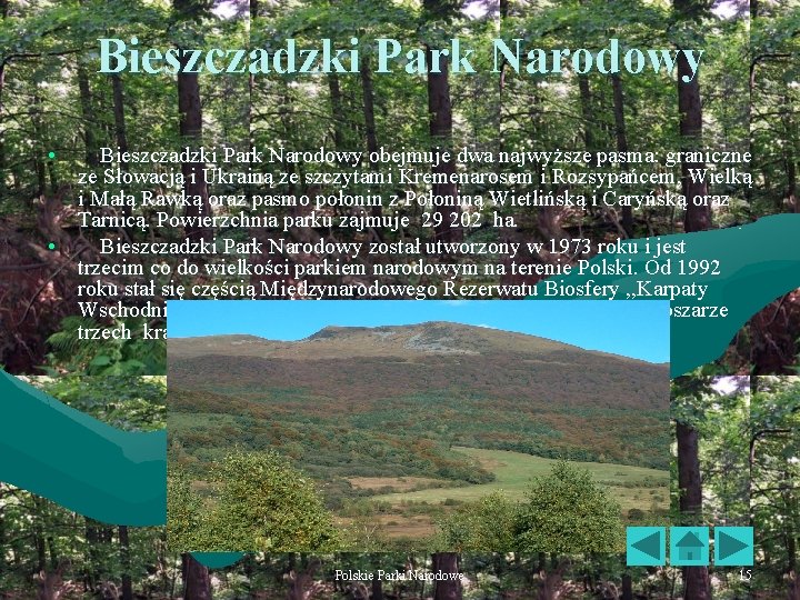 Bieszczadzki Park Narodowy • Bieszczadzki Park Narodowy obejmuje dwa najwyższe pasma: graniczne ze Słowacją