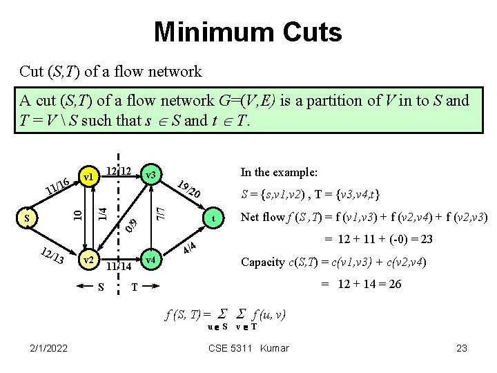 Minimum Cuts Cut (S, T) of a flow network A cut (S, T) of