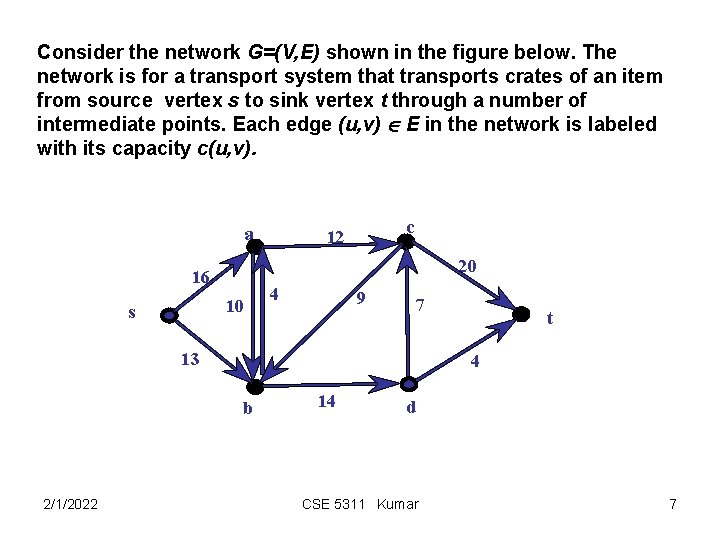 Consider the network G=(V, E) shown in the figure below. The network is for