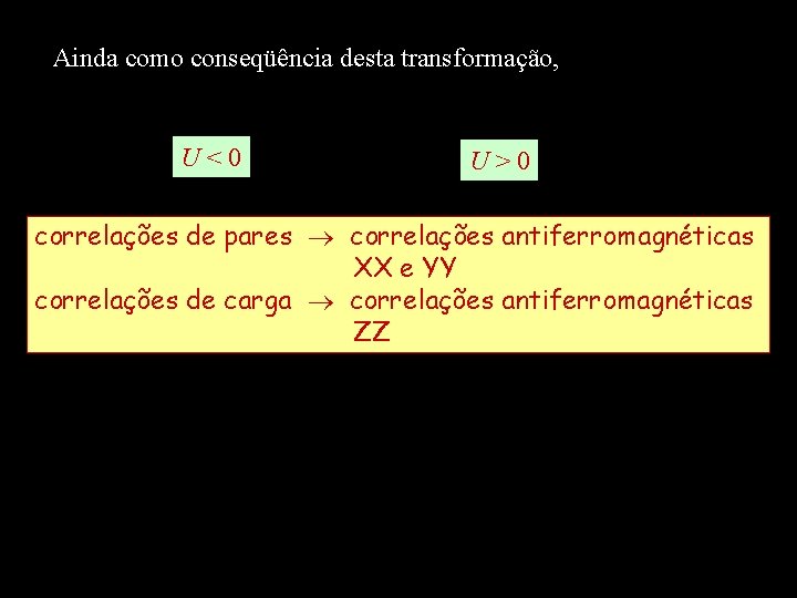 Ainda como conseqüência desta transformação, U<0 U>0 correlações de pares correlações antiferromagnéticas XX e
