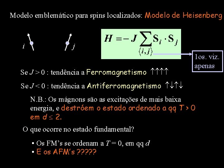 Modelo emblemático para spins localizados: Modelo de Heisenberg i j Se J > 0