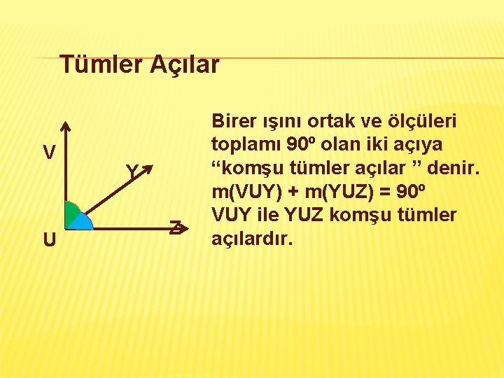 Tümler Açılar V U Y Z Birer ışını ortak ve ölçüleri toplamı 90º olan