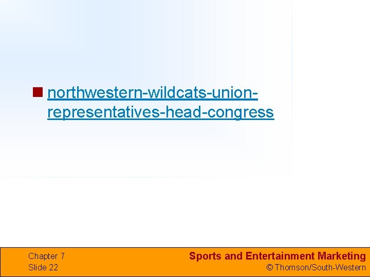 n northwestern-wildcats-unionrepresentatives-head-congress Chapter 7 Slide 22 Sports and Entertainment Marketing © Thomson/South-Western 
