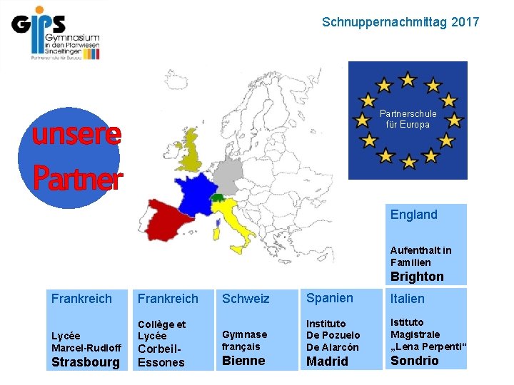 Partner Schnuppernachmittag 2017 Partnerschule für Europa unsere Partner England Aufenthalt in Familien Brighton Frankreich