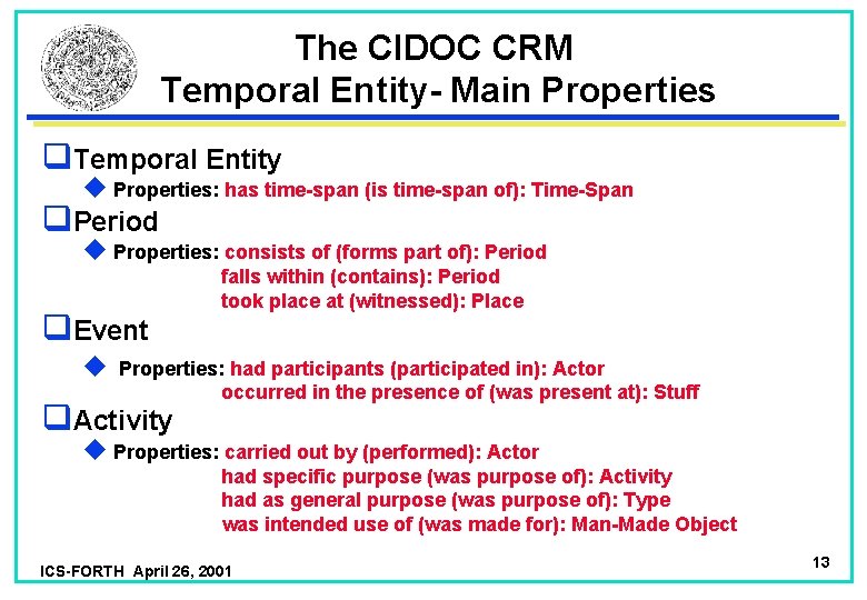 The CIDOC CRM Temporal Entity- Main Properties q. Temporal Entity u Properties: has time-span
