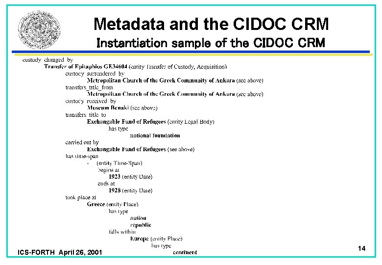 Metadata and the CIDOC CRM Instantiation sample of the CIDOC CRM ICS-FORTH April 26,