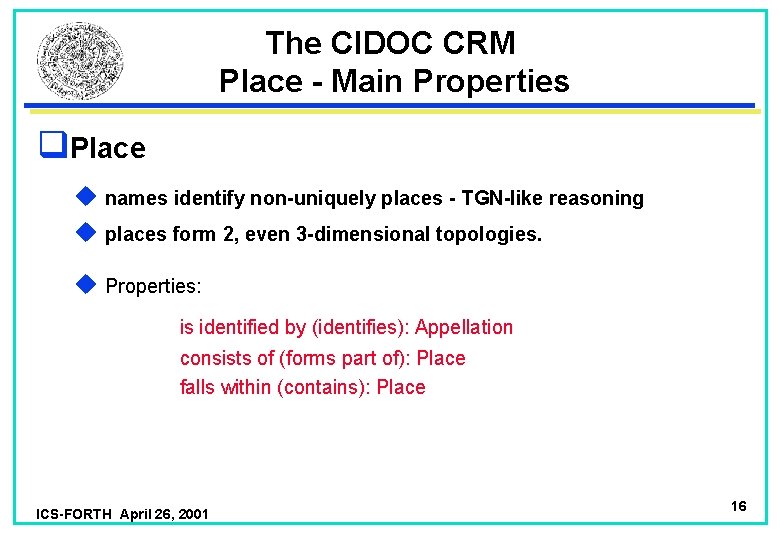 The CIDOC CRM Place - Main Properties q. Place u names identify non-uniquely places