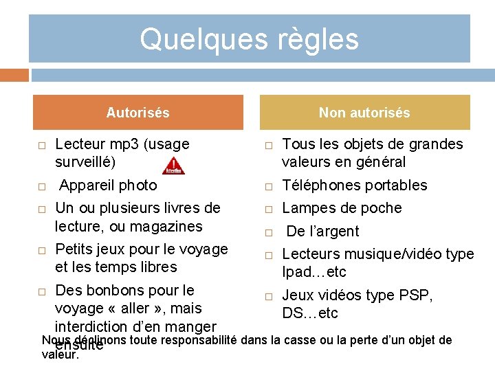 Quelques règles Autorisés Lecteur mp 3 (usage surveillé) Appareil photo Un ou plusieurs livres