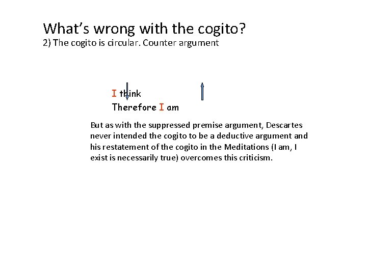 What’s wrong with the cogito? 2) The cogito is circular. Counter argument I think