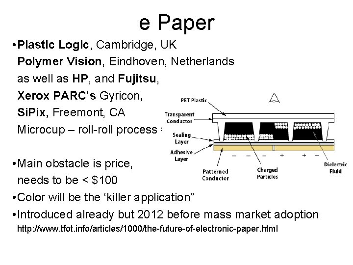 e Paper • Plastic Logic, Cambridge, UK Polymer Vision, Eindhoven, Netherlands as well as