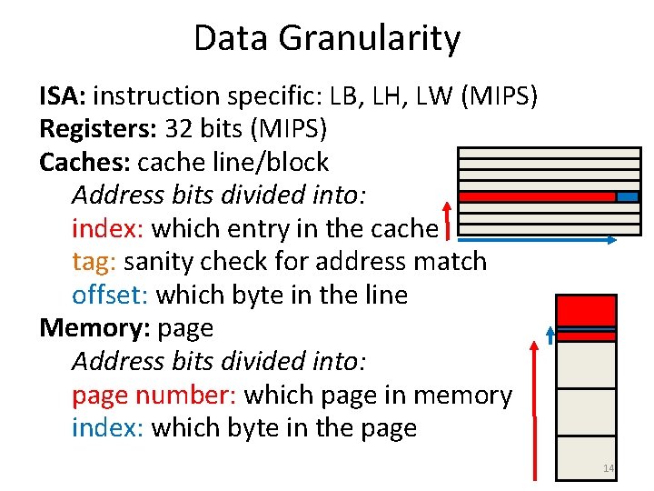 Data Granularity ISA: instruction specific: LB, LH, LW (MIPS) Registers: 32 bits (MIPS) Caches: