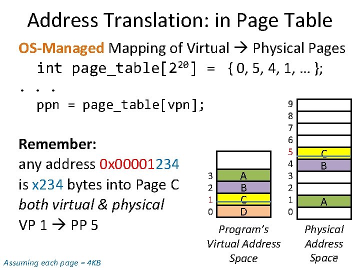 Address Translation: in Page Table OS-Managed Mapping of Virtual Physical Pages int page_table[220] =