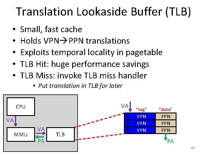 Translation Lookaside Buffer (TLB) • • • Small, fast cache Holds VPN PPN translations