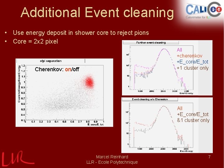 Additional Event cleaning • Use energy deposit in shower core to reject pions •