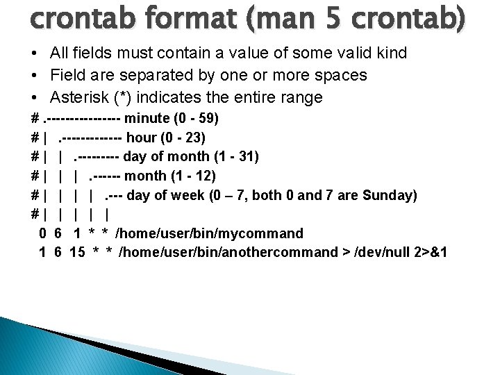 crontab format (man 5 crontab) • All fields must contain a value of some
