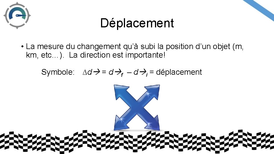 Déplacement • La mesure du changement qu’à subi la position d’un objet (m, km,