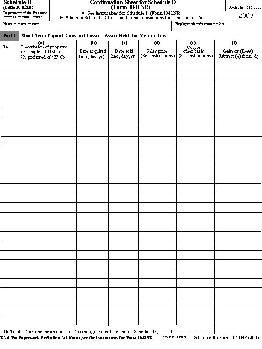 Schedule D (Form 1041 NR) Department of the Treasury Internal Revenue Service Continuation Sheet