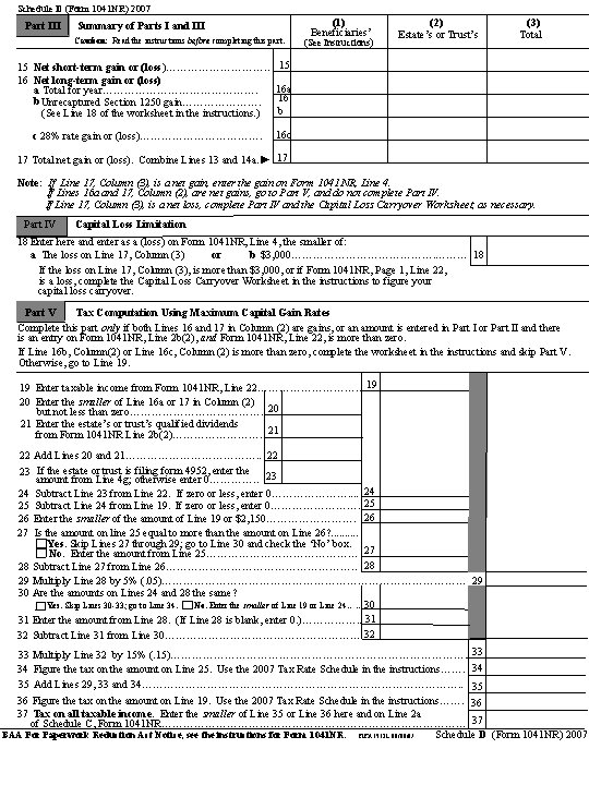 Schedule D (Form 1041 NR) 2007 Part III Summary of Parts I and III