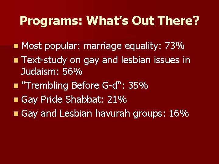 Programs: What’s Out There? n Most popular: marriage equality: 73% n Text-study on gay