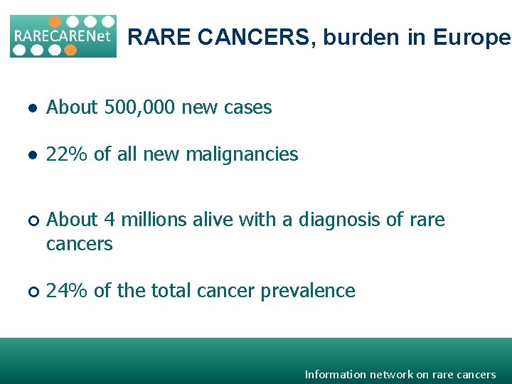 RARE CANCERS, burden in Europe l About 500, 000 new cases l 22% of