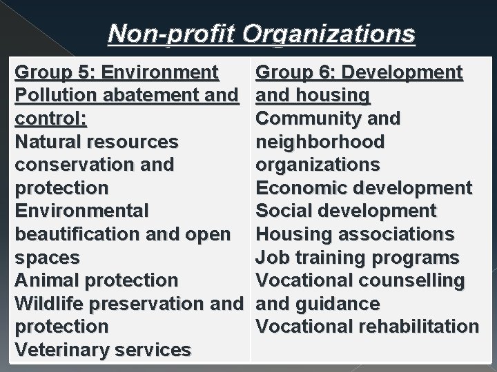 Non-profit Organizations Group 5: Environment Pollution abatement and control: Natural resources conservation and protection