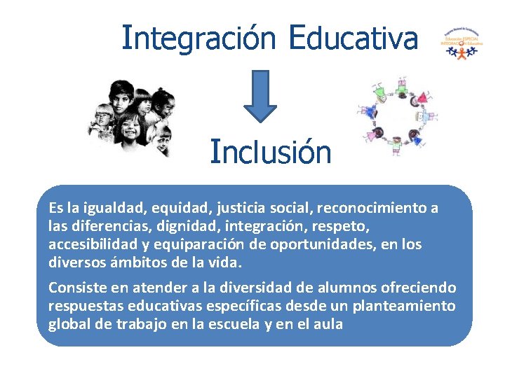 Integración Educativa Inclusión Es la igualdad, equidad, justicia social, reconocimiento a las diferencias, dignidad,