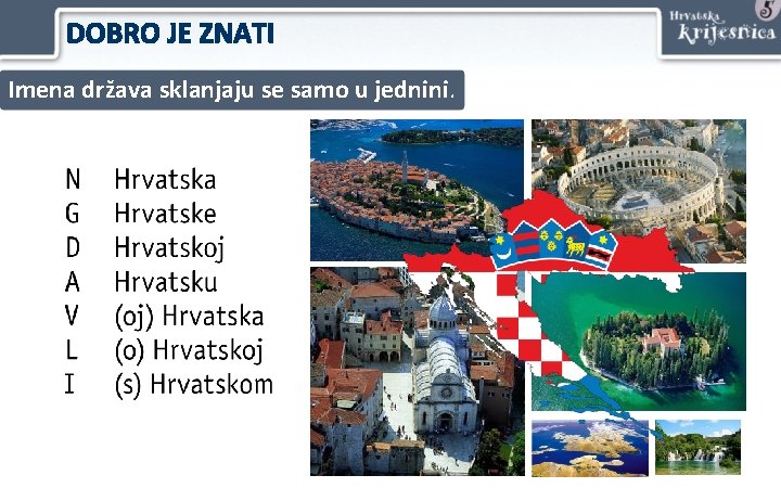 DOBRO JE ZNATI Imena država sklanjaju se samo u jednini. 