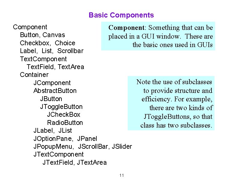 Basic Components Component: Something that can be Button, Canvas placed in a GUI window.