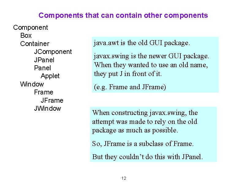 Components that can contain other components Component Box Container JComponent JPanel Applet Window Frame